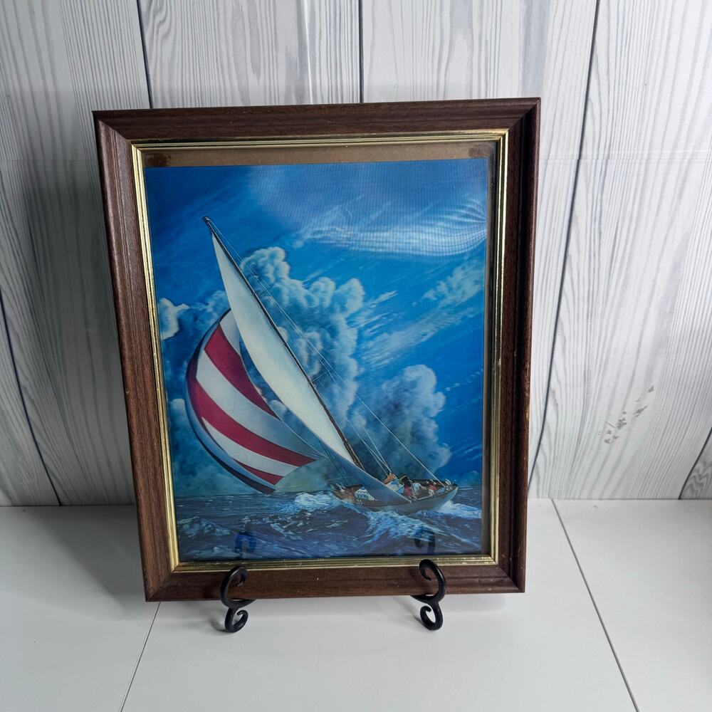 Vintage Lenticular 3D Sailing Sailboat Framed Wall Art 13 x 16 Print